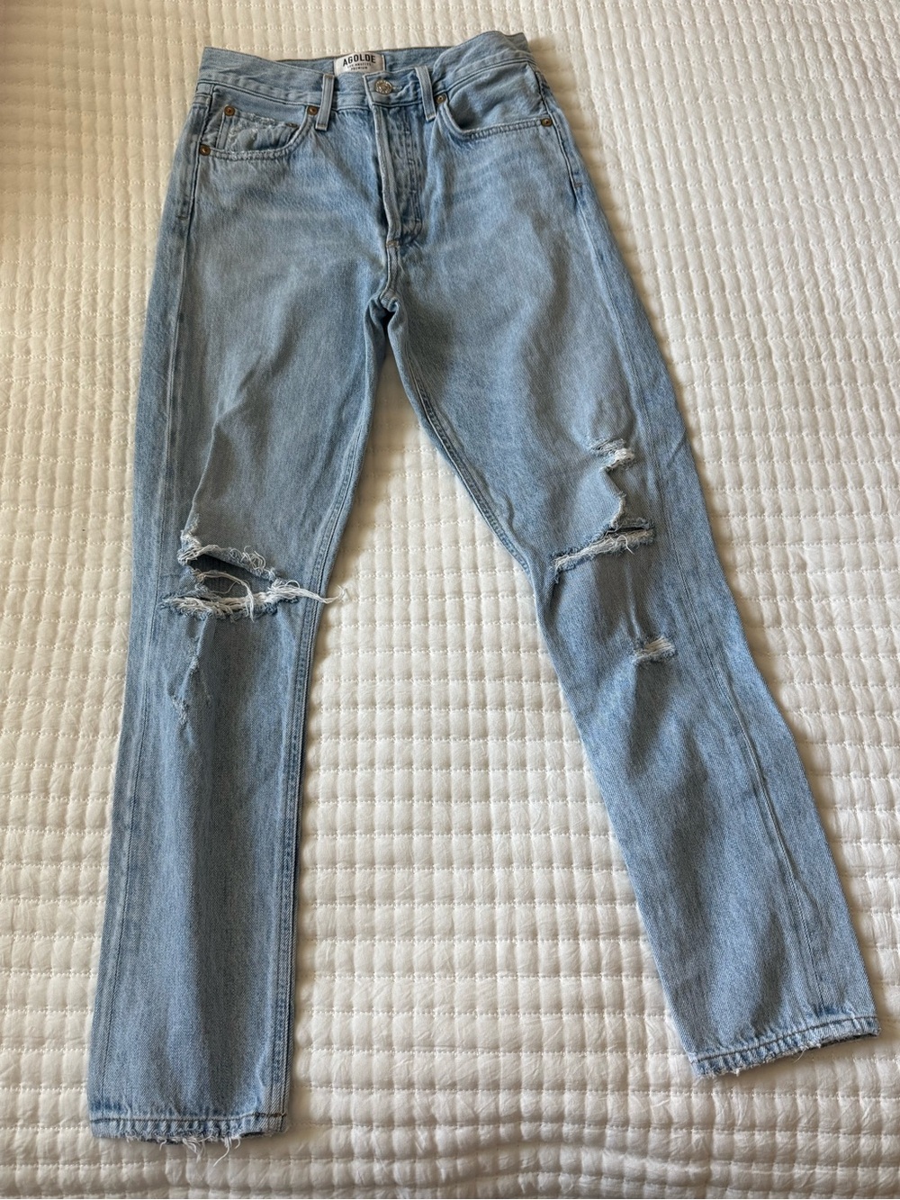 Agolde Light Blue Distressed Straight Leg Jeans